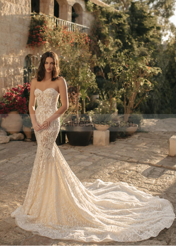 Sweetheart Neck Ivory Lace Wedding Dress With Long Train